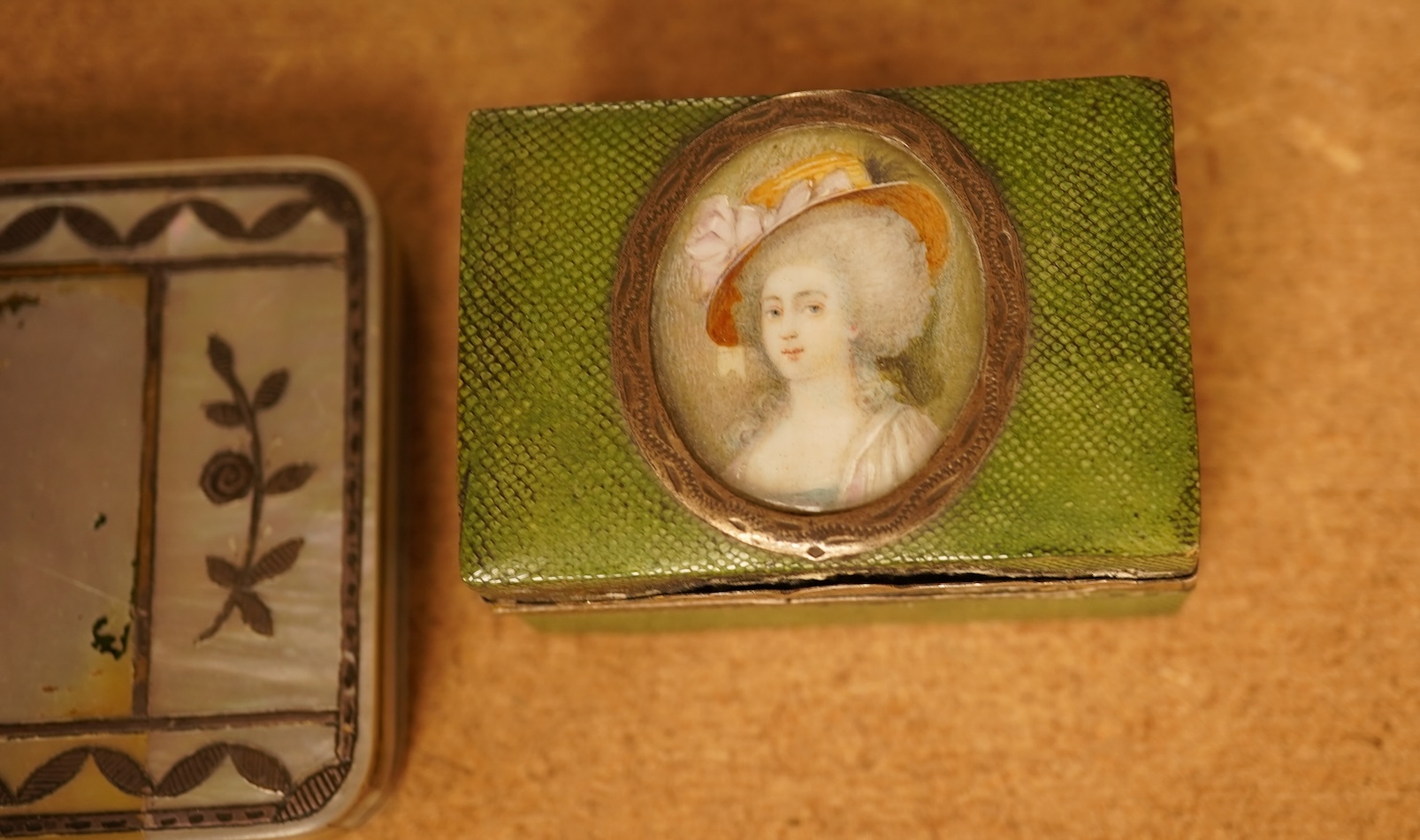 A French silver and shagreen perfume box, portrait miniature on ivory and an early 19th century mother of pearl box (2), shagreen box 5.5cm wide x 4cm deep x 3cm high Ivory Submission reference 96LR94PU